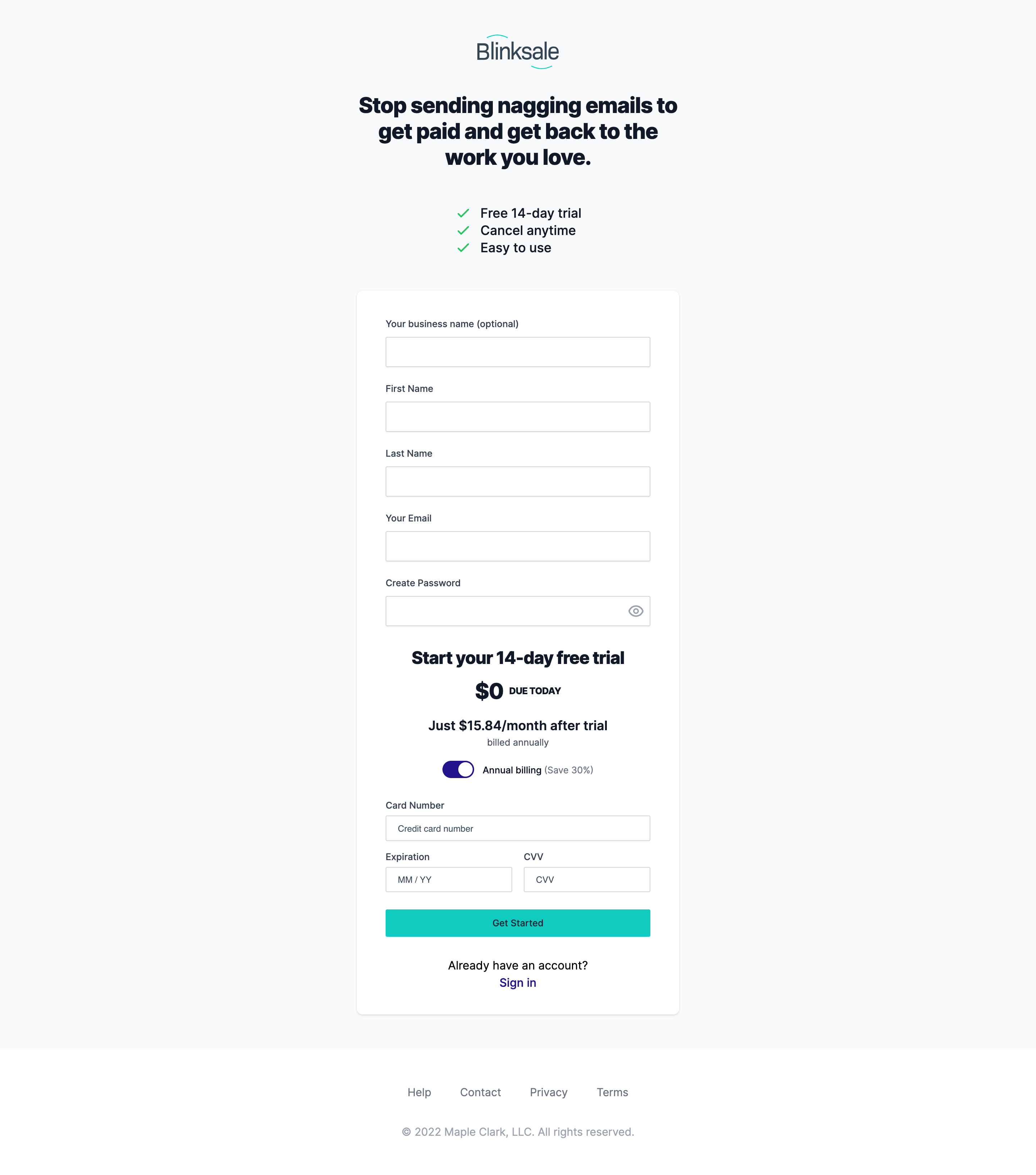Blinksale signup page