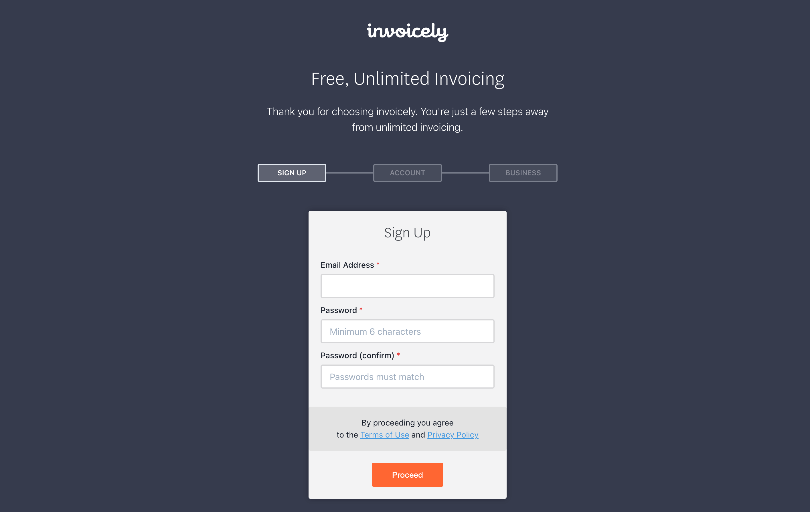 Invoicely signup page