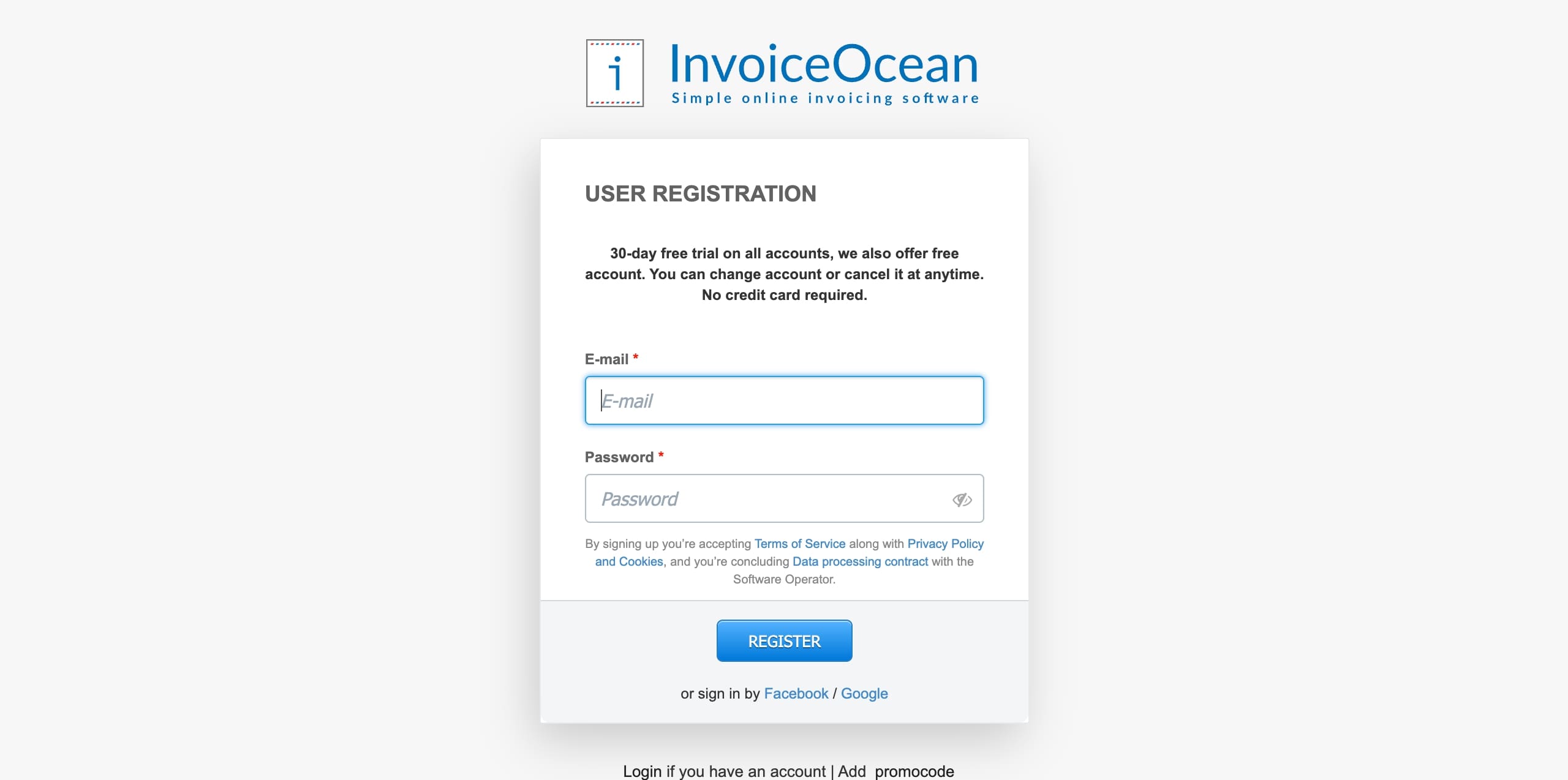 invoiceocean signup page