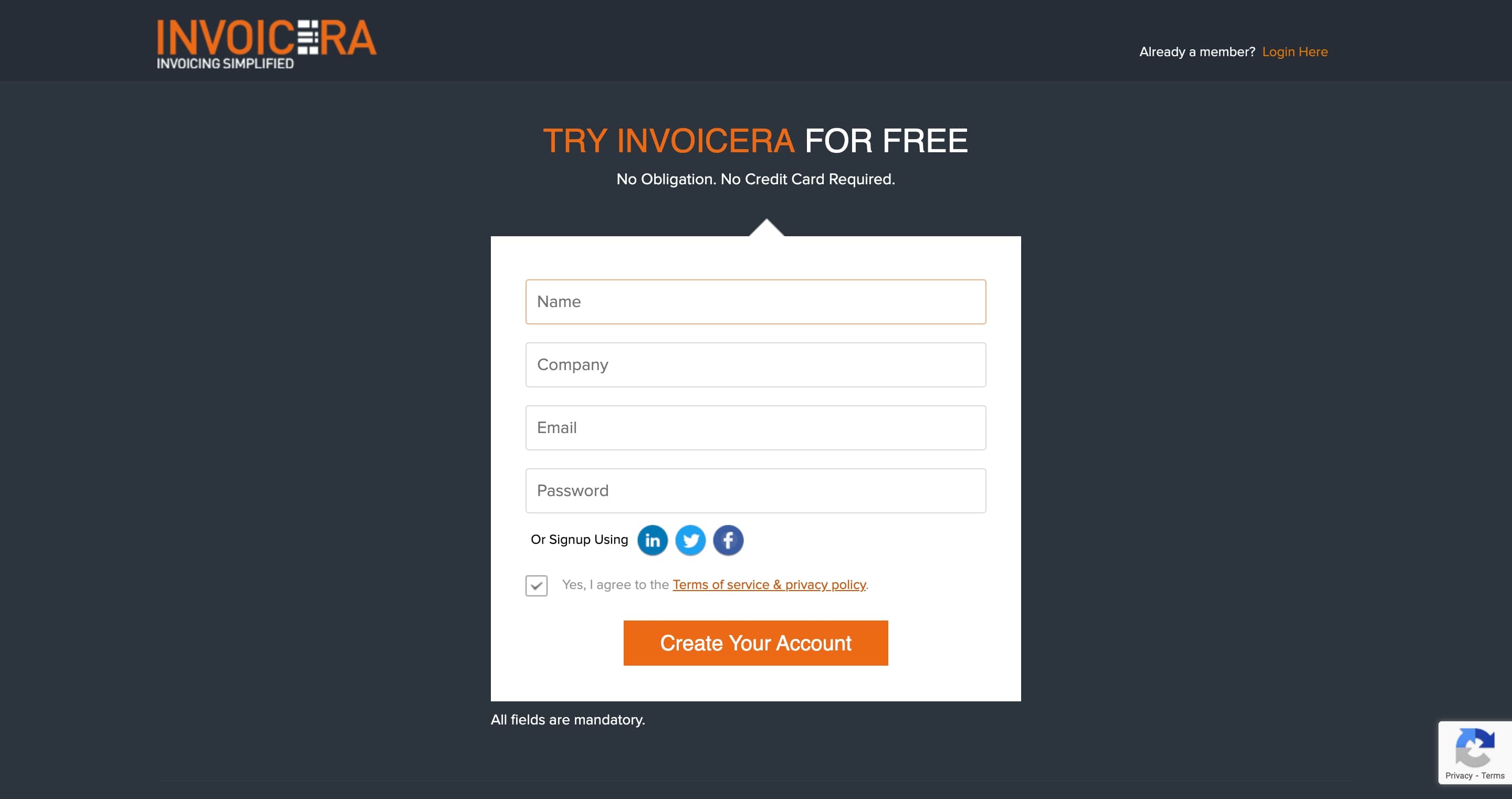 invoicera signup page