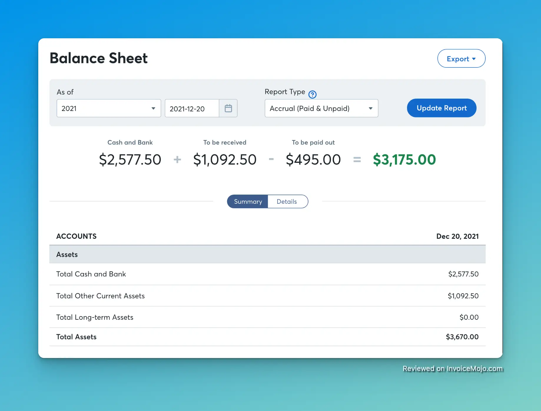 Screenshot of the balance sheet in Wave