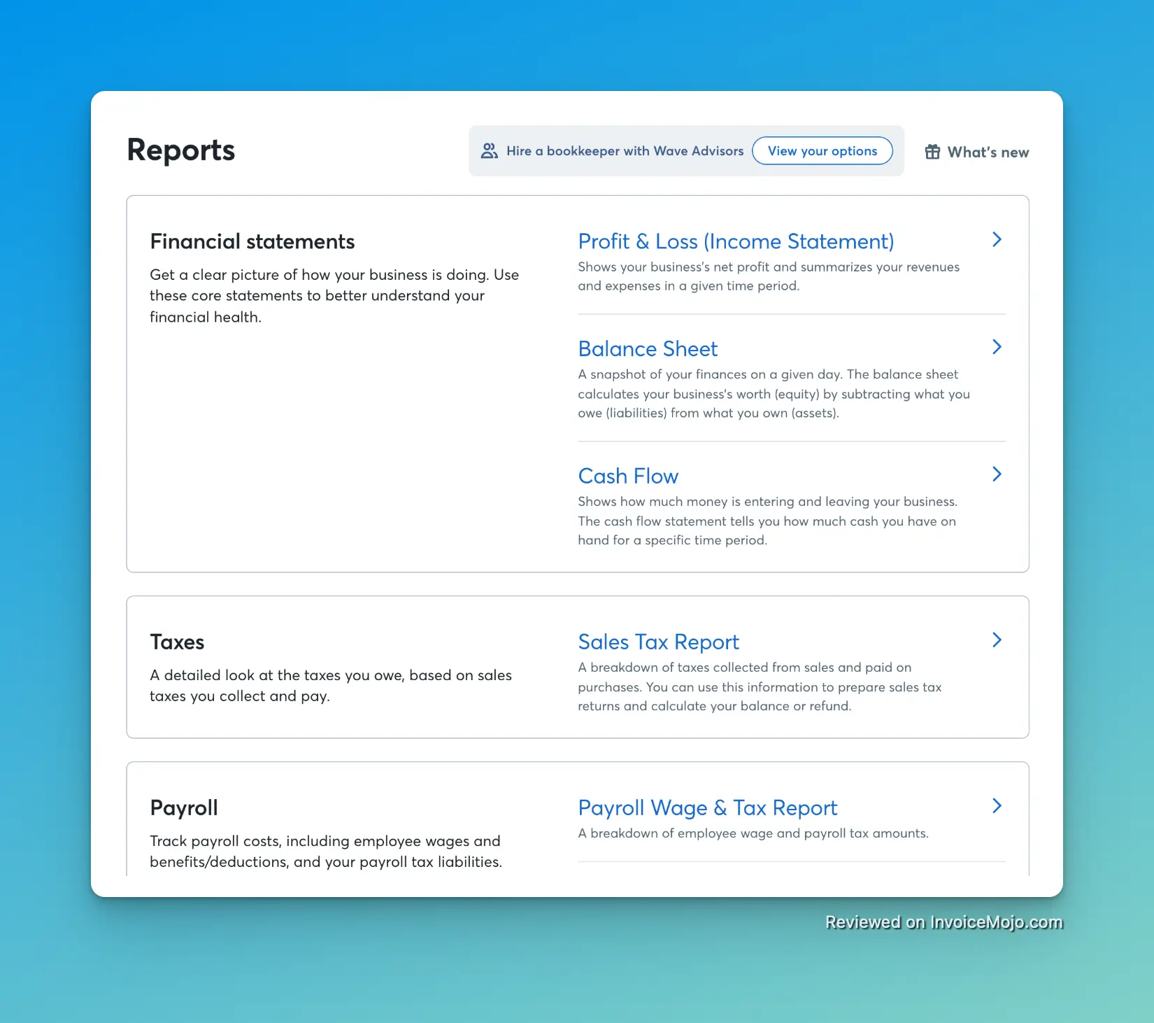 Report options in Wave Invoicing