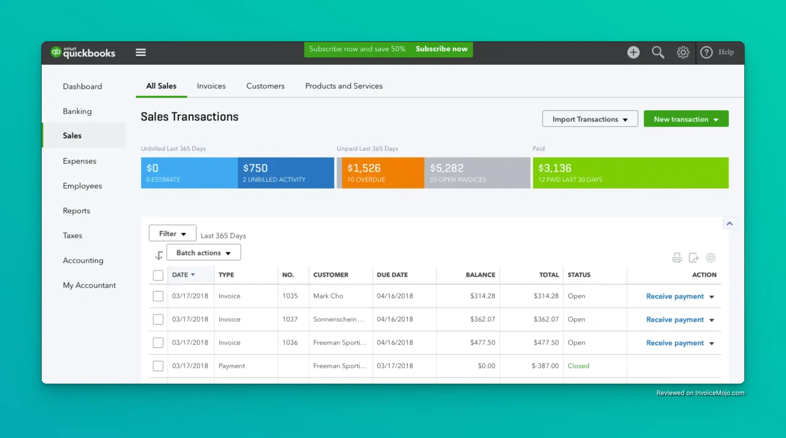 Sales transactions record in QuickBooks