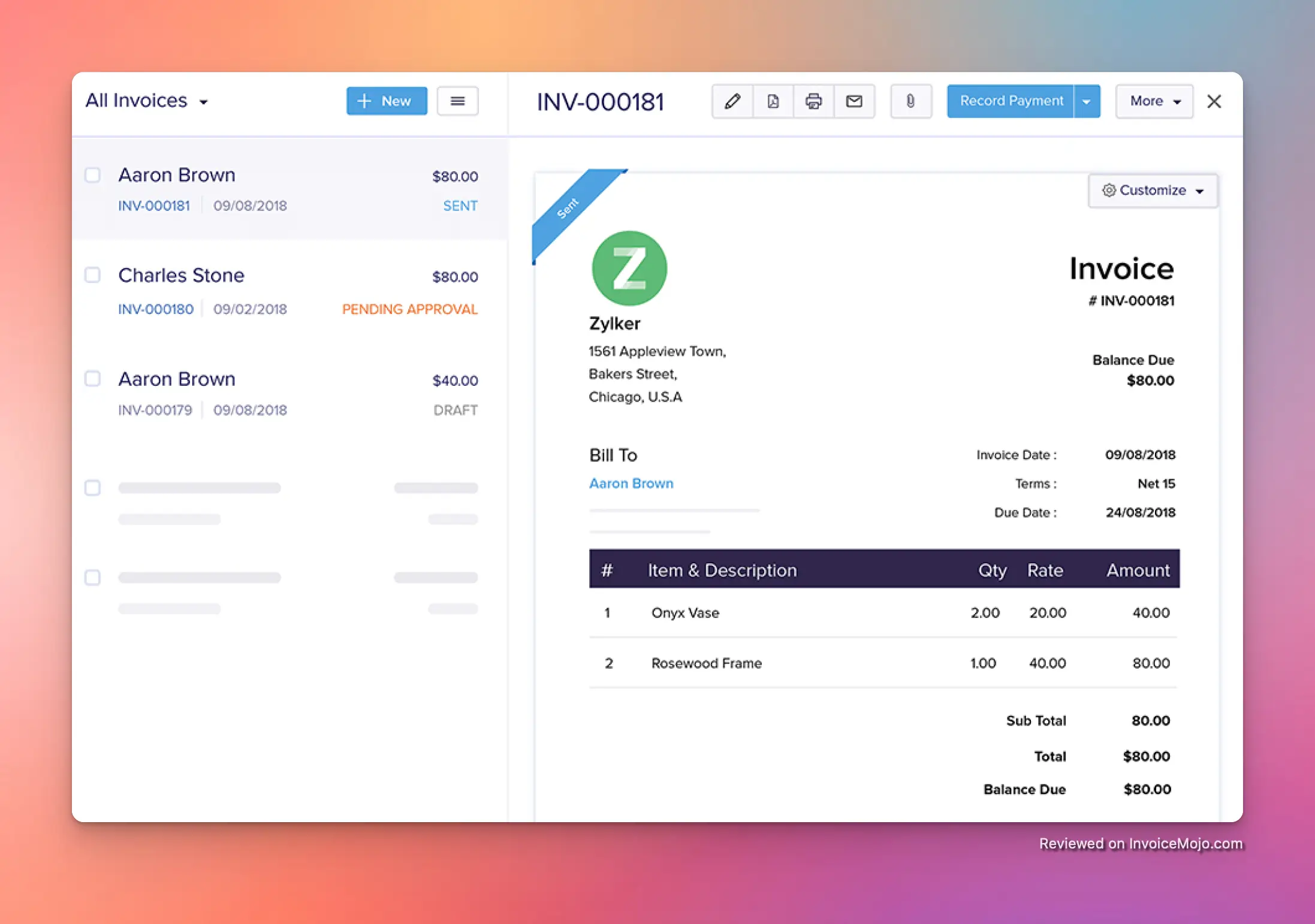 Viewing an invoice in Zoho Invoice
