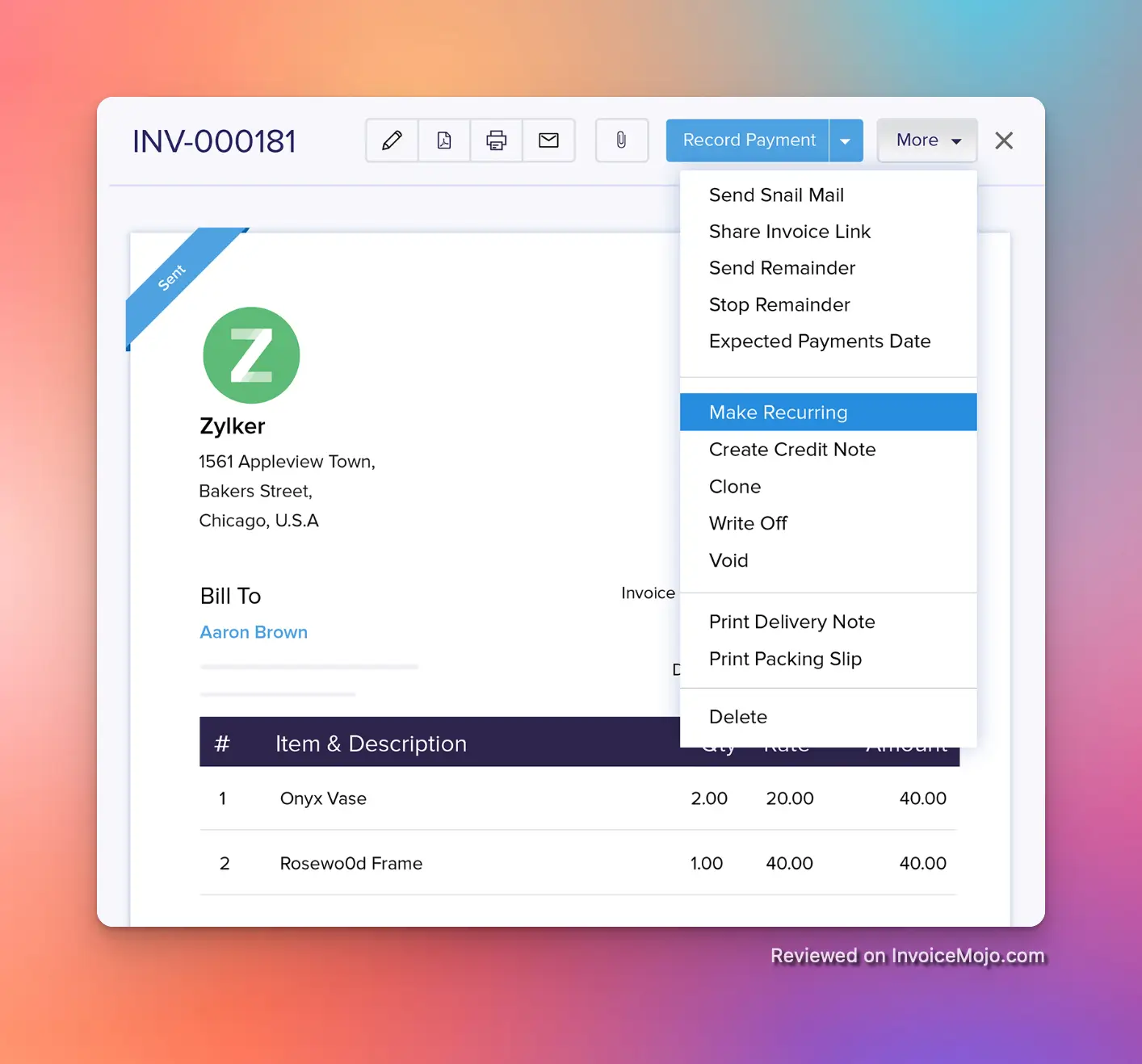 Screenshot of a recurring invoice in Zoho Invoice